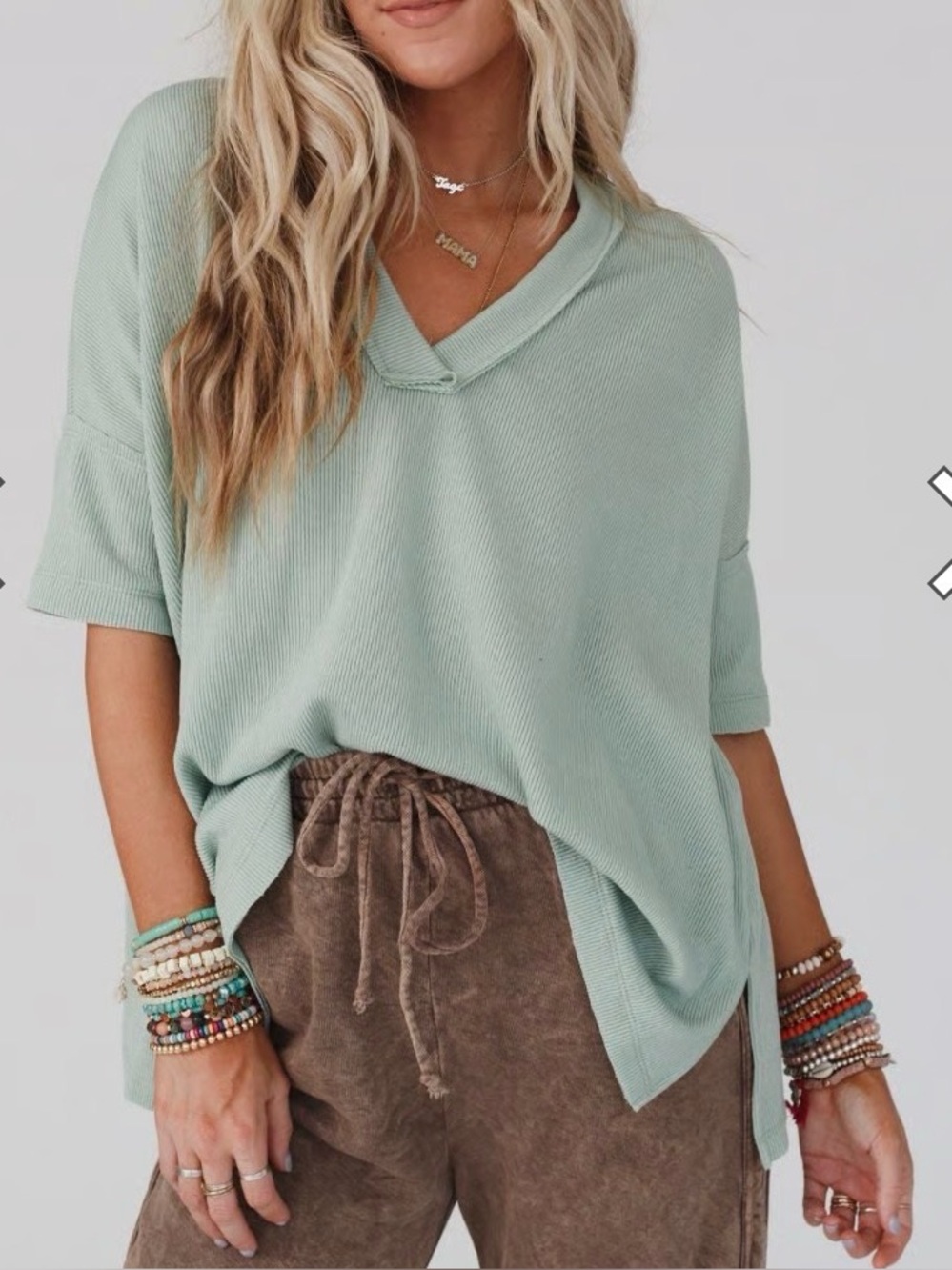 Three Bird Nest Sage Green Ribbed Knit Oversized V-Neck Top Medium Hi Low Dolman